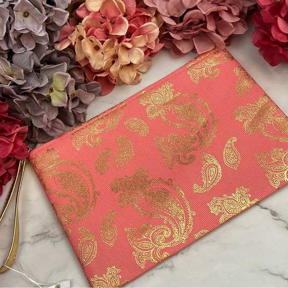 Coral Pink & Metallic Gold Pineapple Makeup Cosmetic Wristlet Clutch Bag - Picture 2 of 10